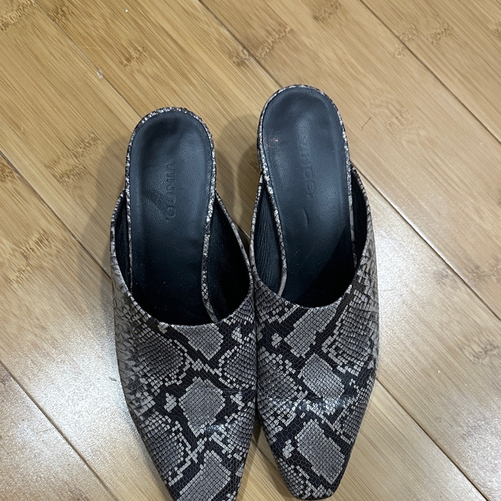 Vince Black and Gray Snakeskin Mules